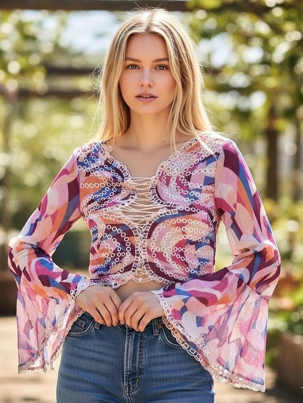 Free People Eyes On You Printed Lace-Up Bell Sleeve Top Size Large NWT